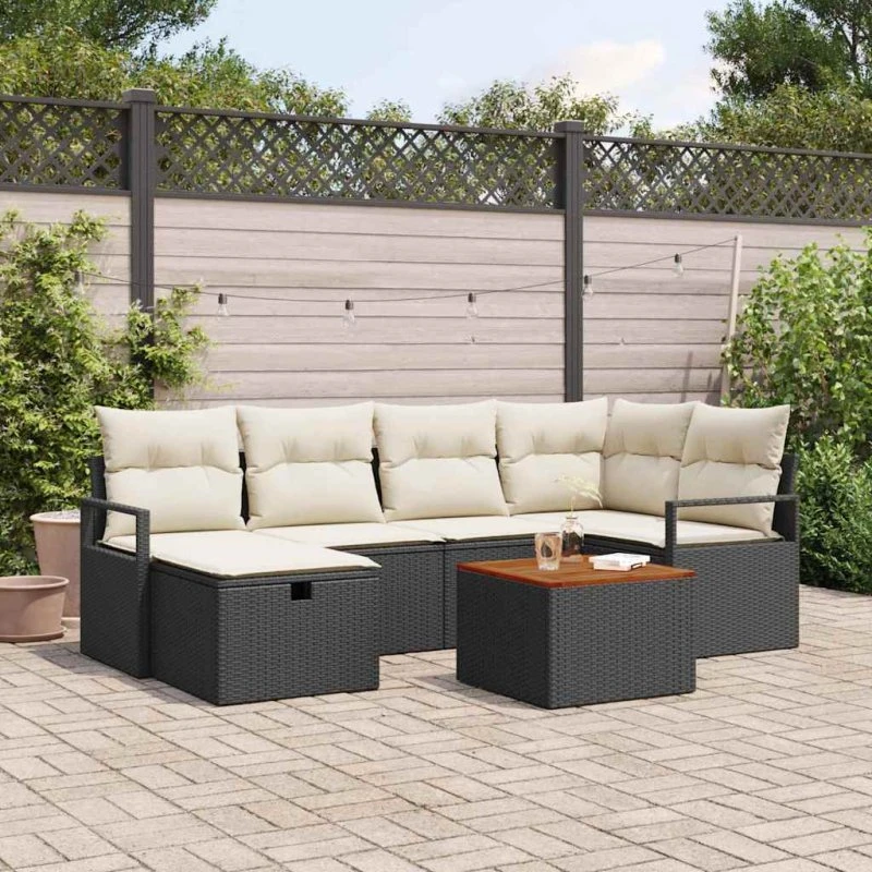 vidaXL Havesofa Sæt 7 stk med opbevaring, Sort polyrattan