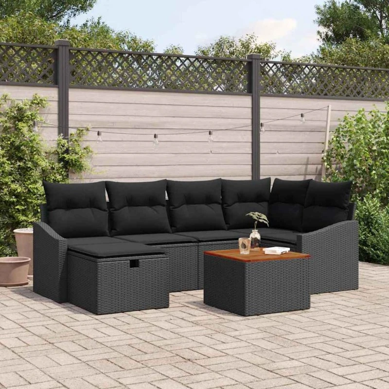 vidaXL Havesofa Sæt 7 stk med opbevaring, Sort polyrattan