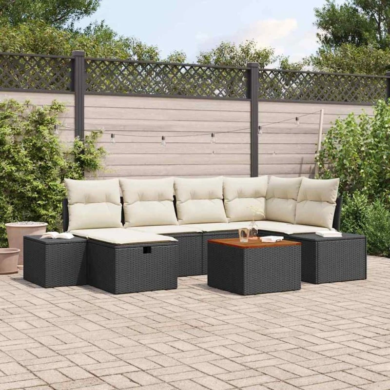 vidaXL Havesofa Sæt 7 stk med opbevaring, Sort polyrattan