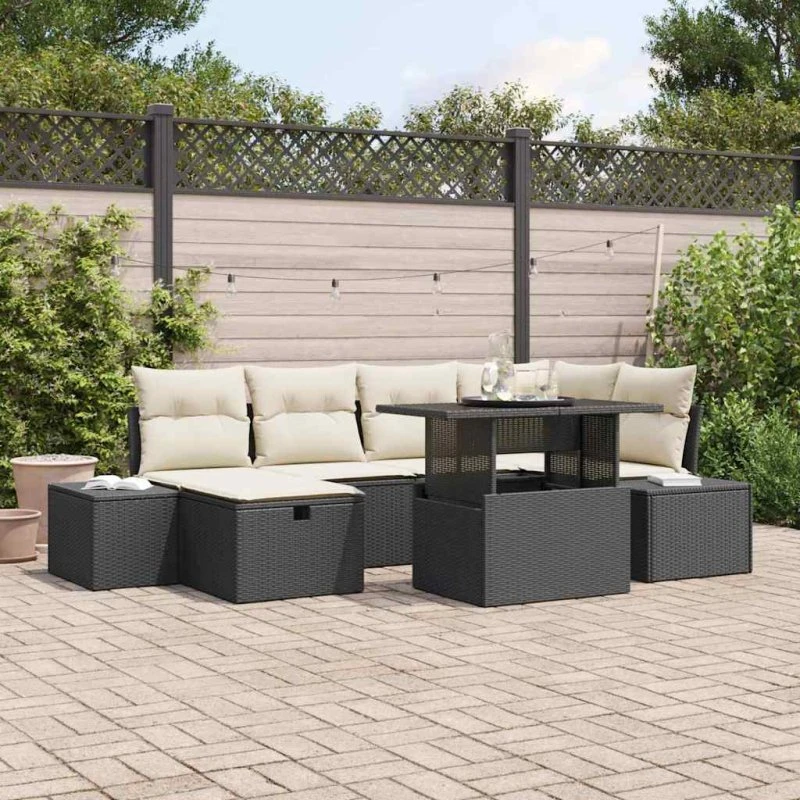 Havesofa Sæt 7 Dele Poly Rattan Beige/Cremehvid med Opbevaring