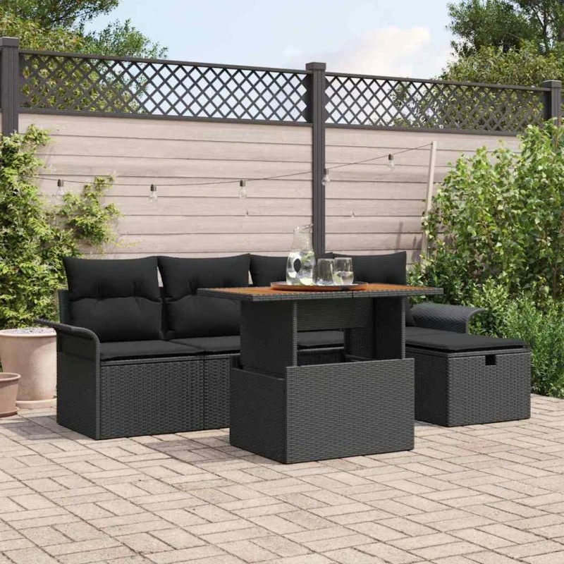 vidaXL Havesofa Sæt 6 stk med Pude og Opbevaring, Sort Poly rattan