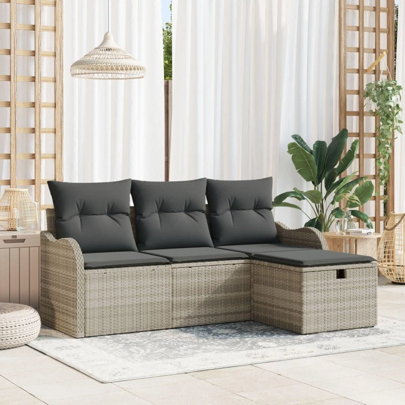 Havesofa Sæt med pude med opbevaring 4 stk Lysegrå Poly rattan