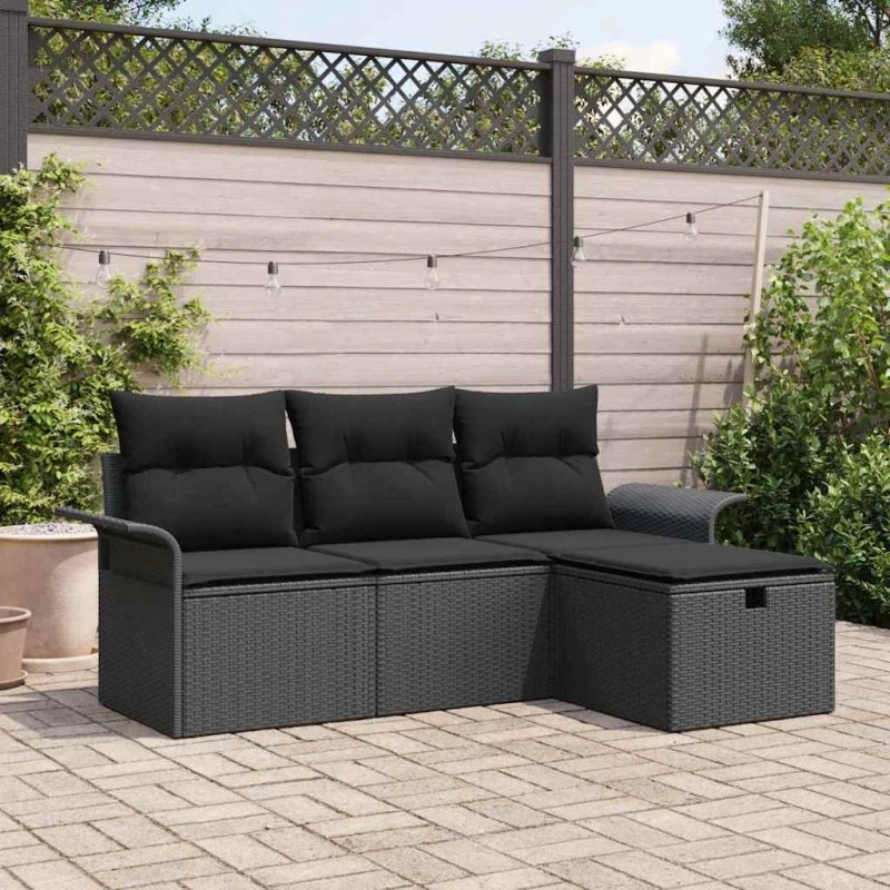 vidaXL Havesofa Sæt 4-pc Sort Poly rattan med opbevaring