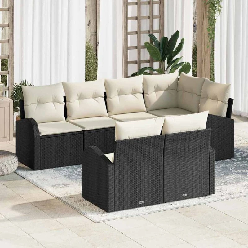 vidaXL Havesofa Sæt 7 stk Sort Poly rattan