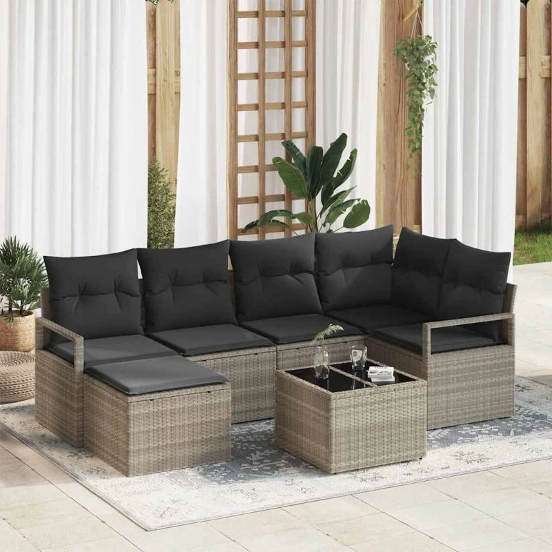 vidaXL 7-delssæt Lysegrå Poly rattan Havesofa