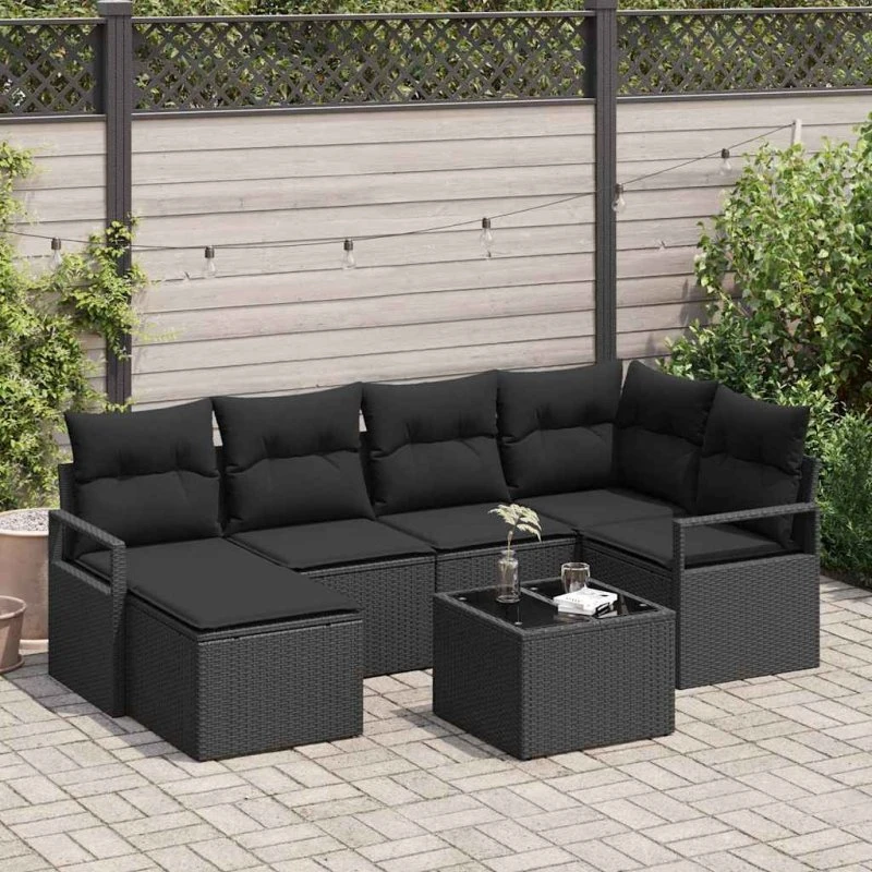 vidaXL Havesofa Sæt 7 stk Sort Poly Rattan