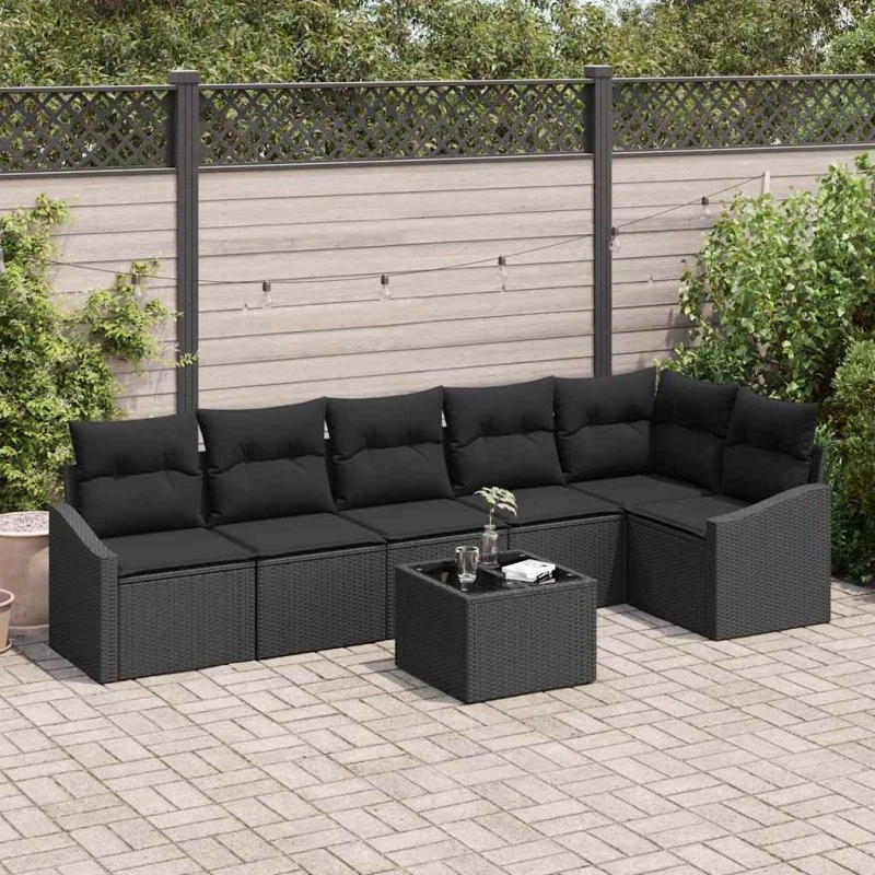 vidaXL Havesofa-sæt 7-deligt Sort Polyrrattan