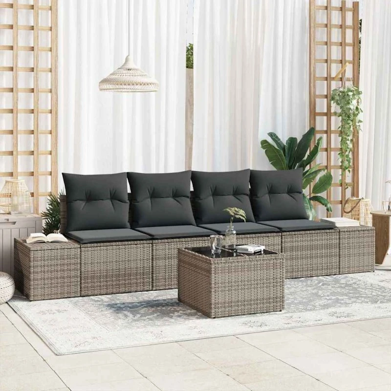 vidaXL Grå PolyRattan Havesofa Sæt 5-pcs med Pude