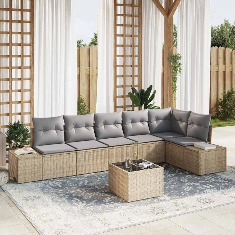 vidaXL Havesofa Sæt 7 pcs Beige og Grå Poly rattan