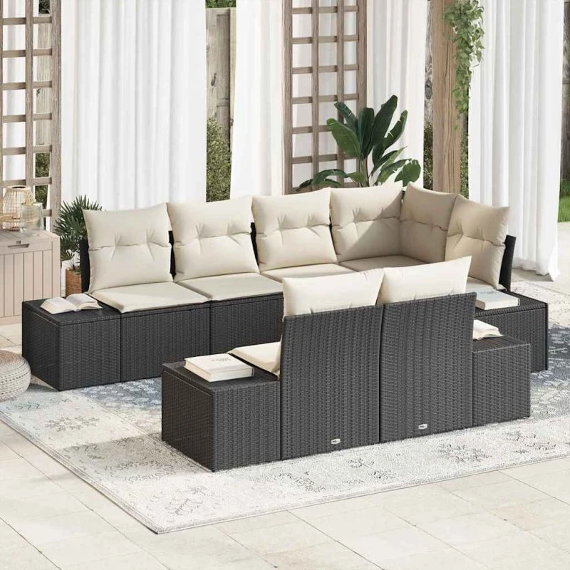 vidaXL Havesofa Sæt 7 pc Sort/Cream Poly rattan