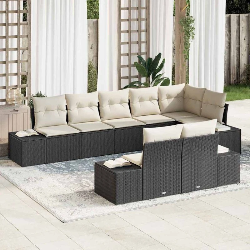 vidaXL Havesofa Sæt 8 pcs Sort og Cream Poly rattan