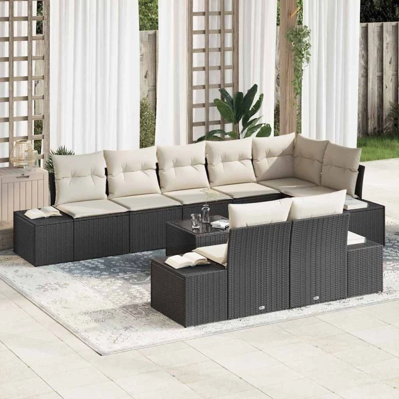 vidaXL Havesofa Sæt 9 pcs Sort og Cream Poly rattan