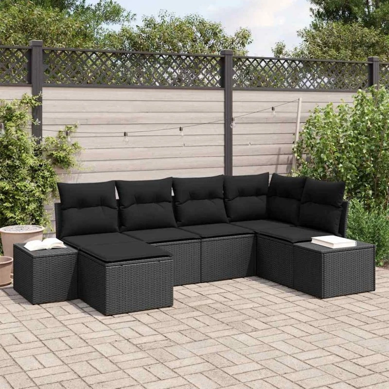 vidaXL Havesofa Sæt 6-deligt Sort Poly Rattan med Puder
