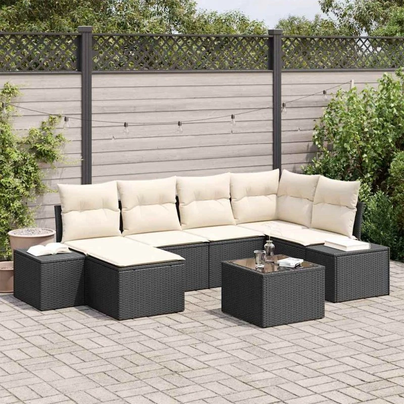 vidaXL Havesofa Sæt 7 del, Sort og Cremefarvet Poly Rattan