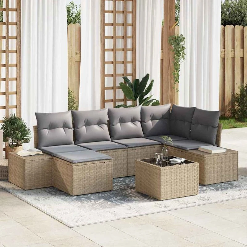 vidaXL Havesofa Sæt 7 deler Beige og Grå Poly Rattan