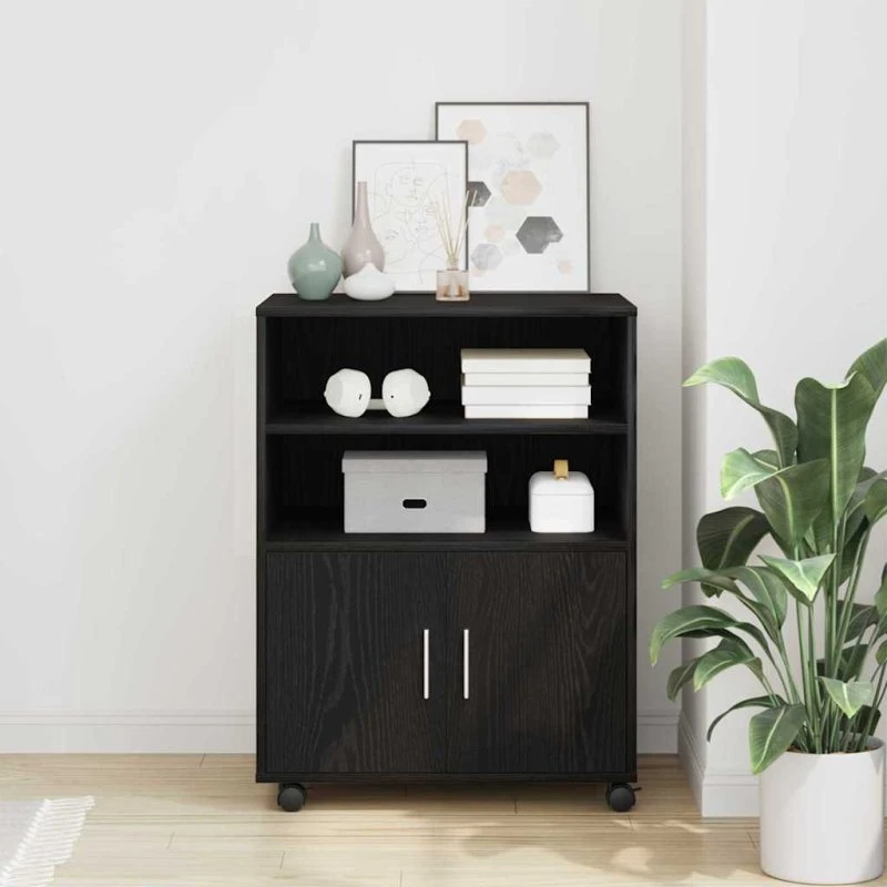 vidaXL Kabinet med hylde, 60 x 48 x 74,5 cm, sort, med hjul og dør