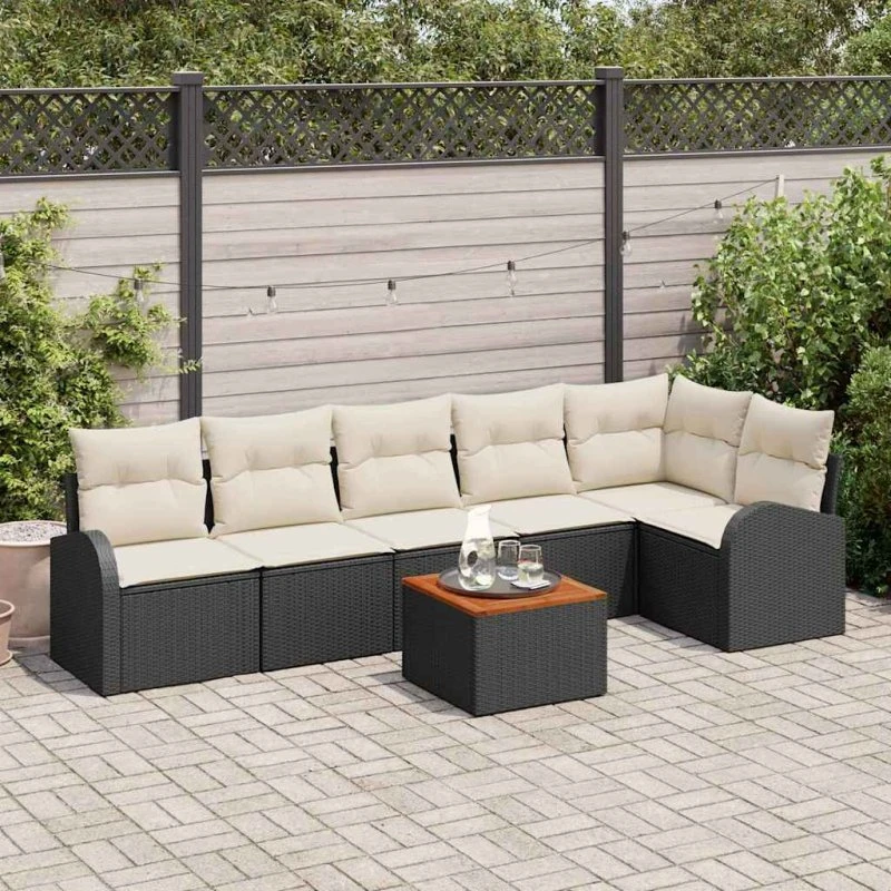 vidaXL Havesofa Sæt 7 del, Sort Poly rattan med pude