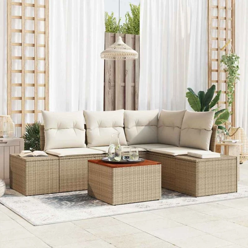 Havesofa Sæt 5 Dele Beige Poly Rattan