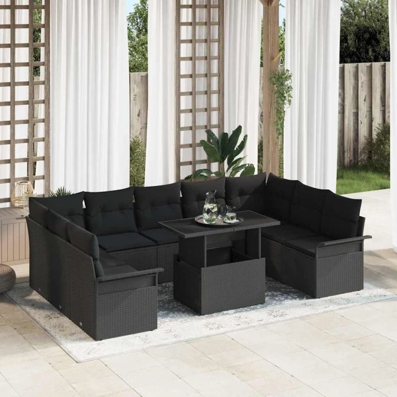 vidaXL Havesofa Sæt 10-puds Sort Poly rattan