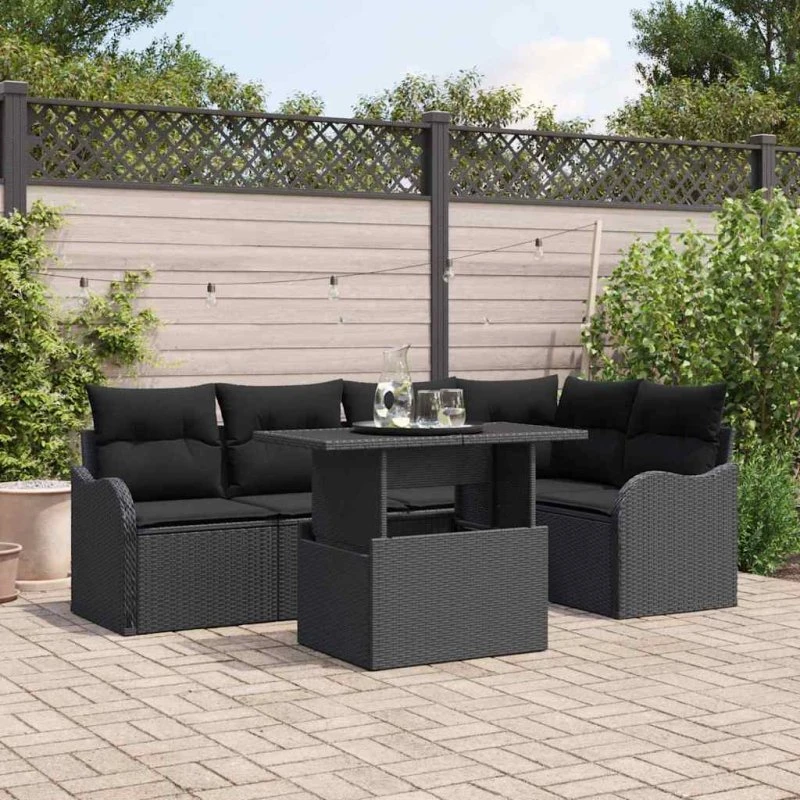 vidaXL Spisestuesæt 6-pc Sort Poly Rattan