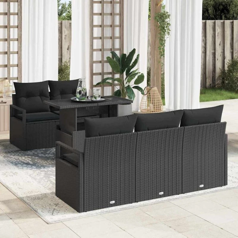 vidaXL Havesofa Sæt 6 stk med opbevaring, Sort polyrattan