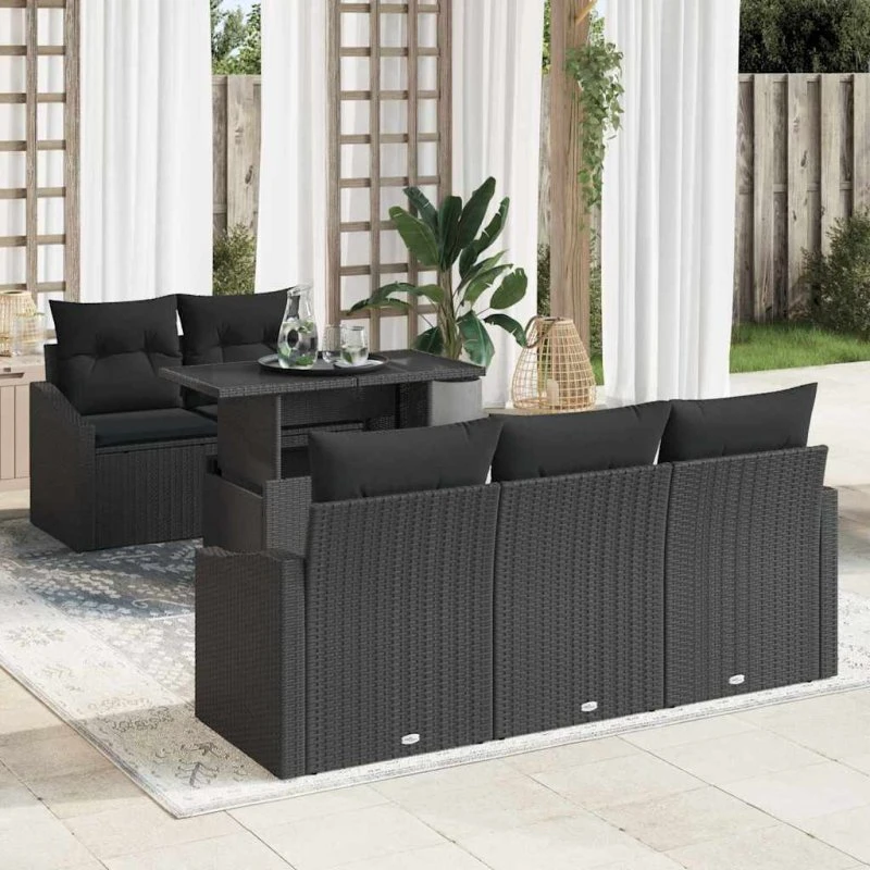 vidaXL Havesofa Sæt 6 stk med opbevaring, Sort polyrattan
