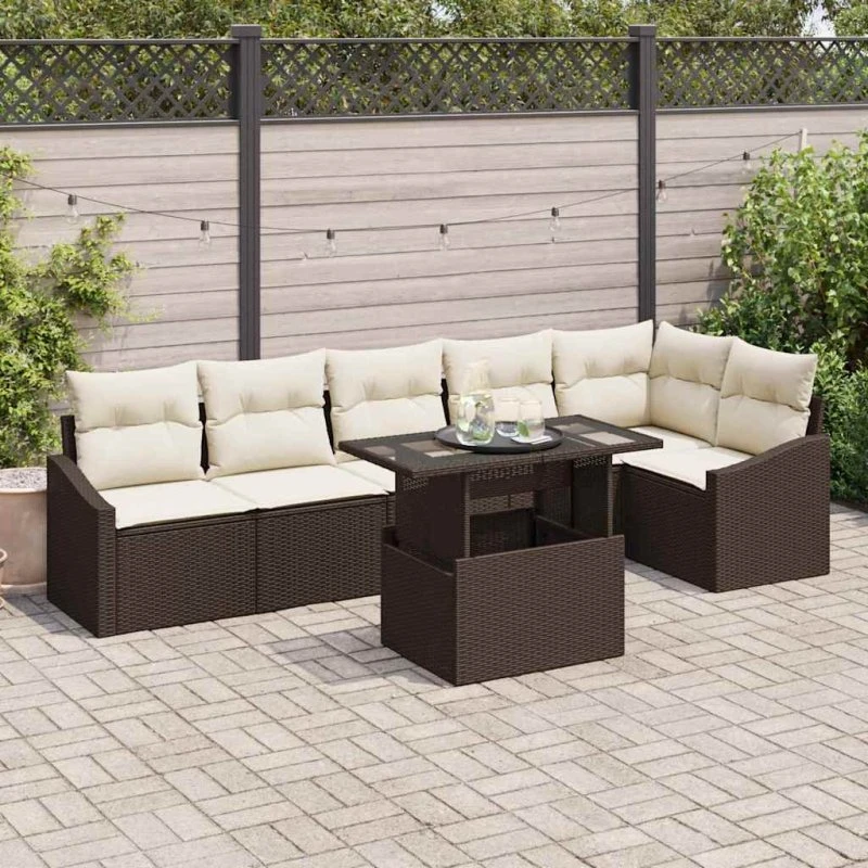 vidaXL Havesofa Sæt 7 stk Brun/Creme Poly Rattan