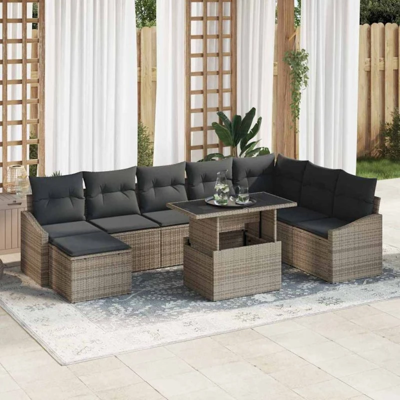 vidaXL Havesofa Sæt 9 stk Grå Polyrattan med Højdejusterbart Bord