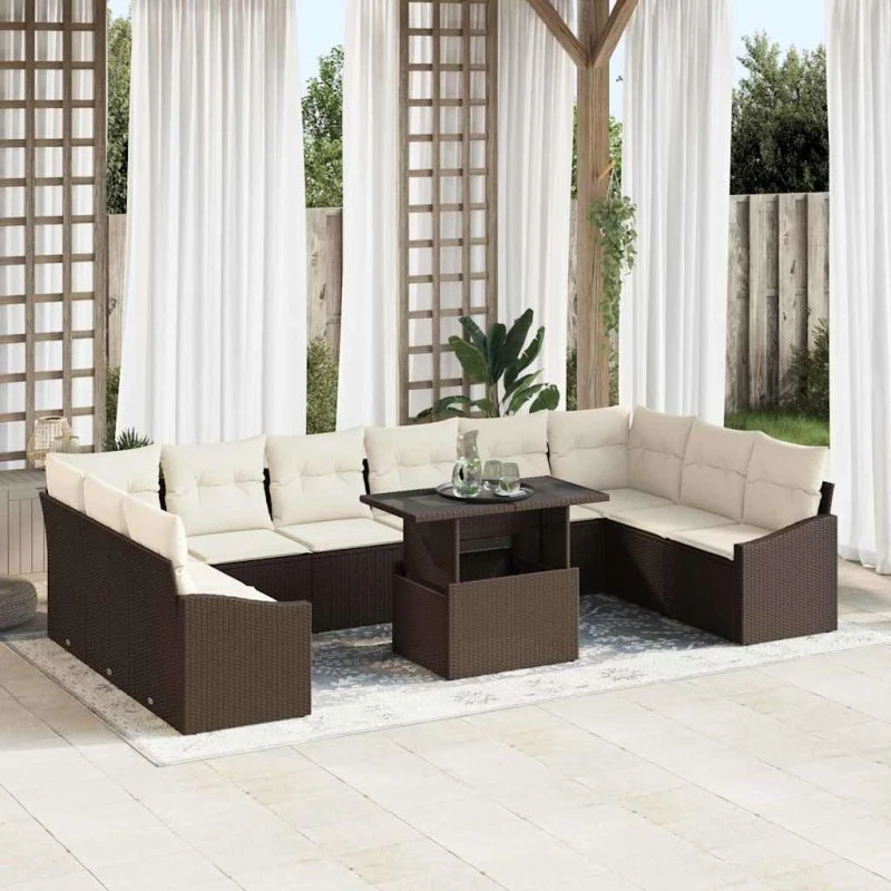 vidaXL 11-pcs Havesofa Sæt Brun/Creme Poly Rattan