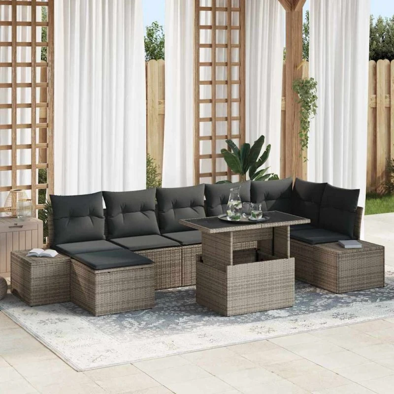 vidaXL Havesofa Sæt 8 del, Grå Poly Rattan, Pulverlakeret Stål & Glas