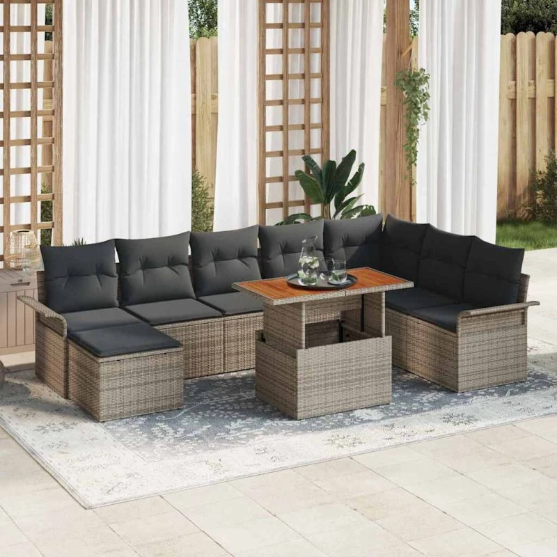 vidaXL Havesofa Sæt 9 dels Grå Polyrattan og Pulverlakeret Stål