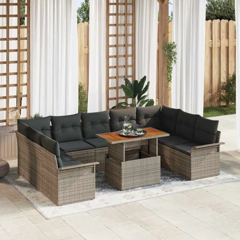 vidaXL Havesofa Sæt 10 del, Grå, Poly rattan & pulverlakeret stål