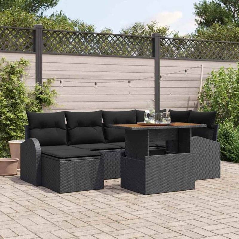 vidaXL Havesofa Sæt 7 stk Sort Polyrattan & Stål