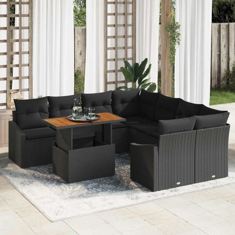 vidaXL Have Spisebordssæt med pude 9 pcs Sort og Brunt 100 x 55 x 73 cm