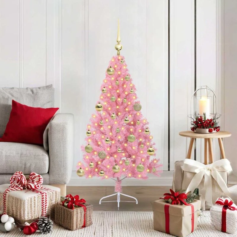 vidaXL Kunstig Forbelyst Juletræ 120 cm Lyserød med 150 LED'er