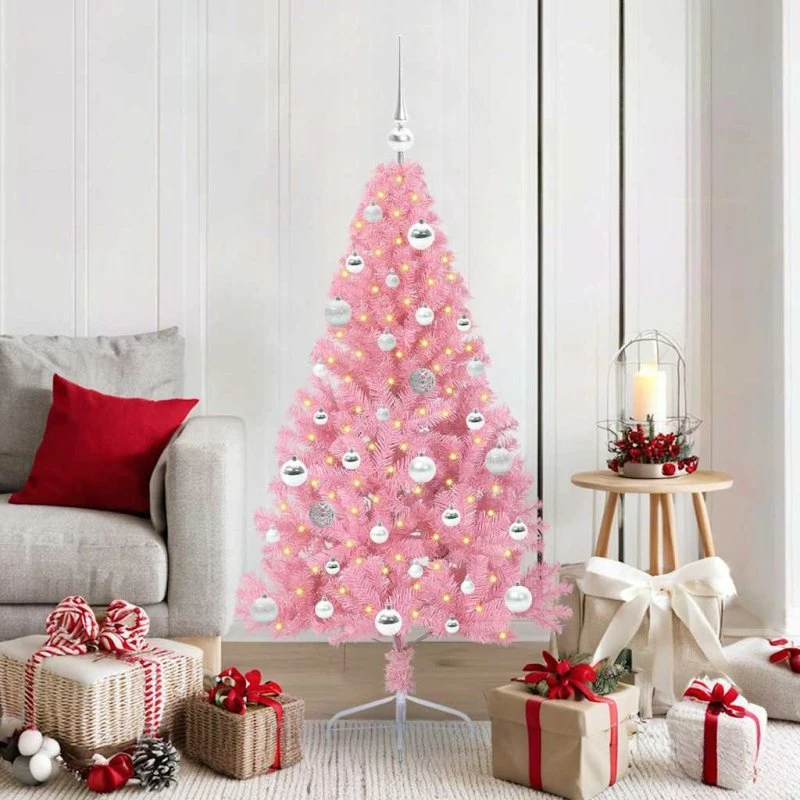 vidaXL Kunstig Forbelyst Juletræ 150 cm Lyserød PVC