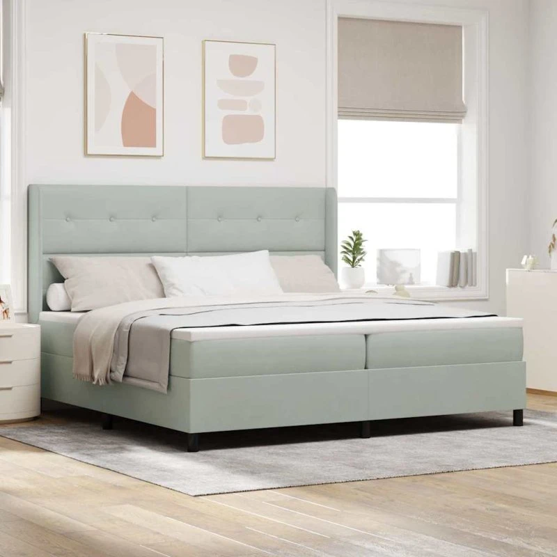 vidaXL Box Spring Seng med Hovedgærde, Lysegrå 200 x 200 cm, Fløjl