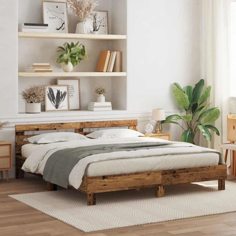 vidaXL Sengestel Gammelt Træ 200x200 cm Konstrueret Træ med LED