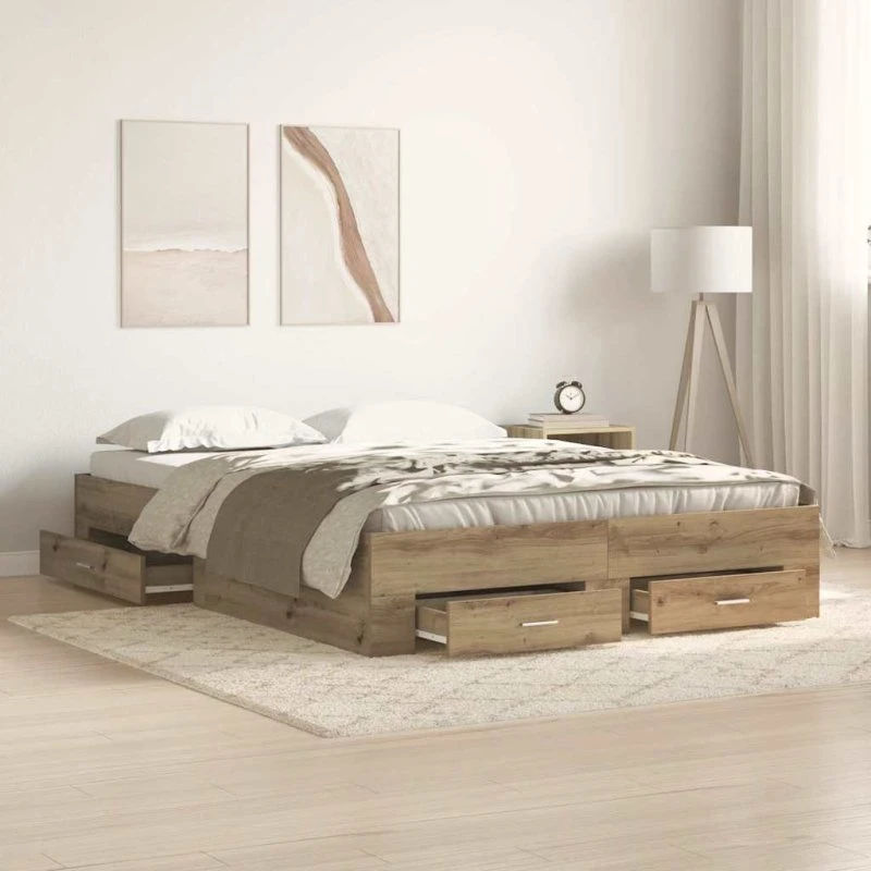 vidaXL Sengestel Artisan Egetræ 140 x 190 cm med Skuffer