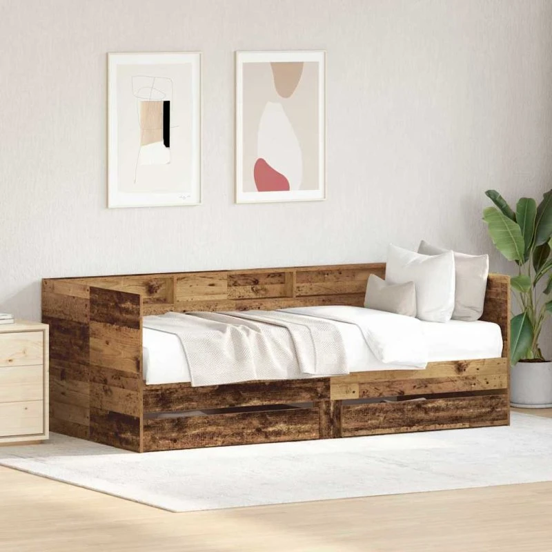 vidaXL Daybed med skuffer og hovedgærde, gammelt træ, 75 x 190 cm
