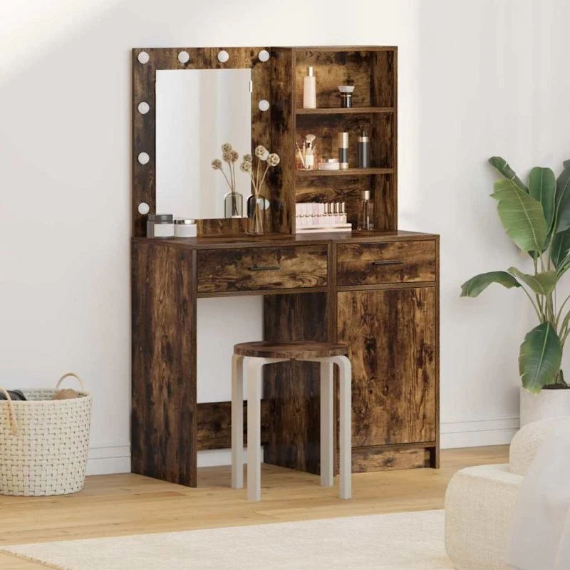 vidaXL Makeupbord Sæt 2 Deler Røget Eg LED
