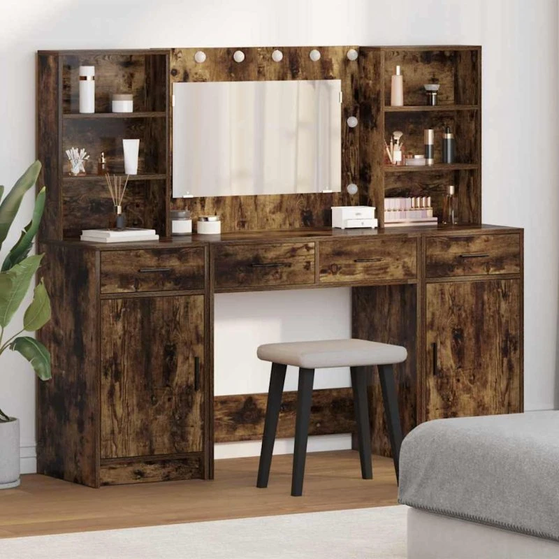 vidaXL Makeupbord Sæt 3-del Røget Eg 78,5 x 41 x 135 cm