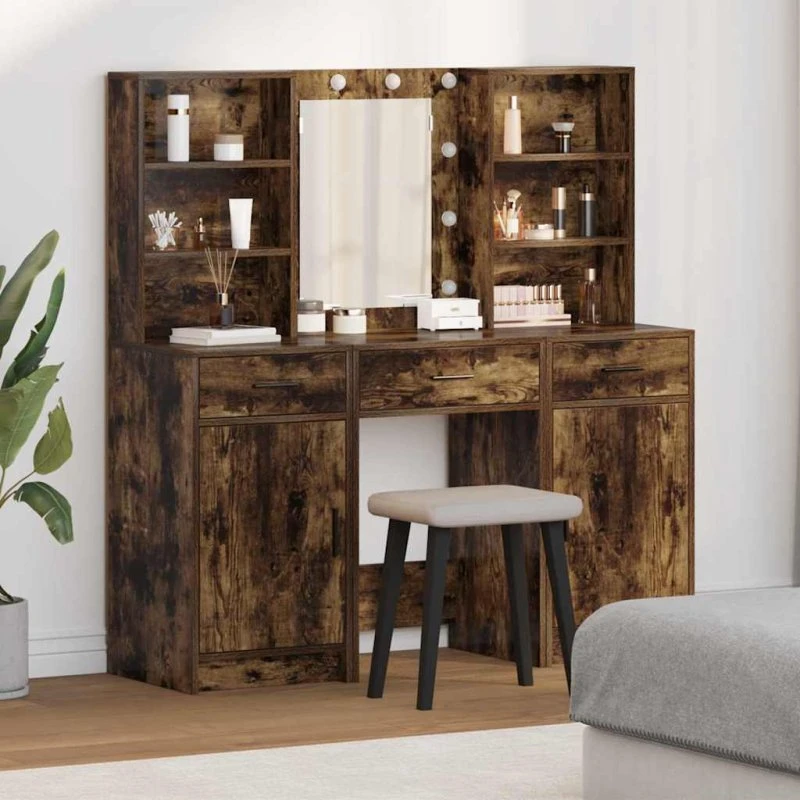 vidaXL Makeupbord Sæt 3 stk Røget Eg LED med Hylde