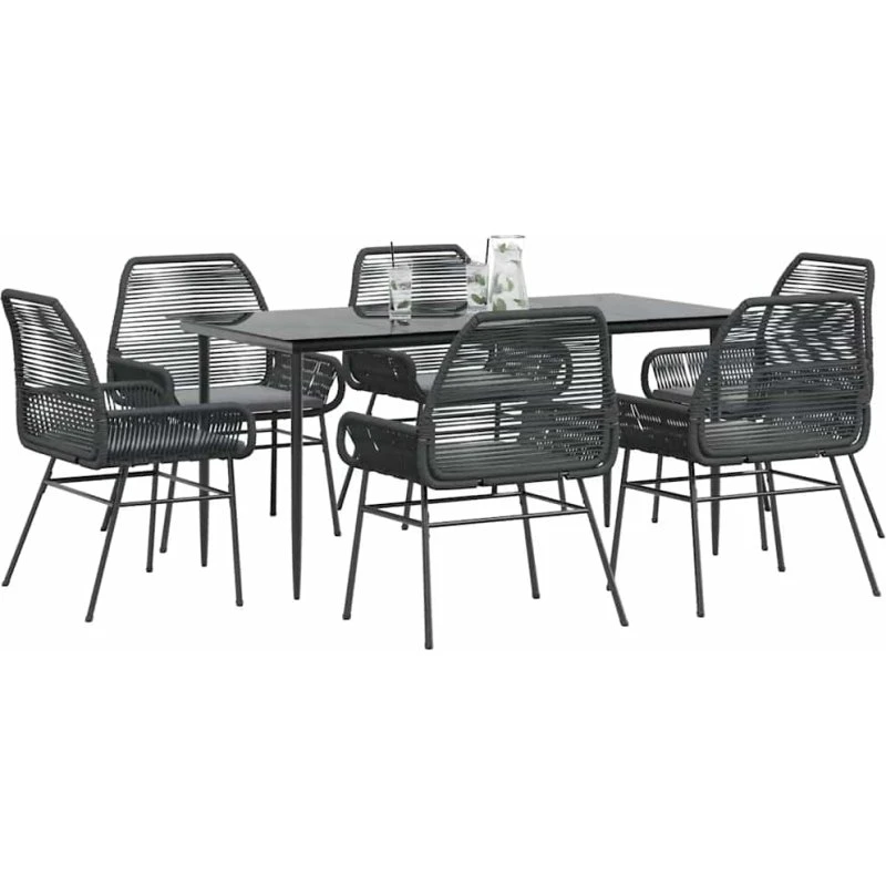 vidaXL 7-delers spisebordssæt polyrattan glas sort