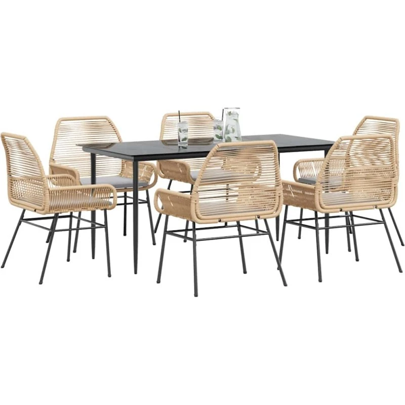 vidaXL 7-delers spisebordssæt polyrattan brun med glas