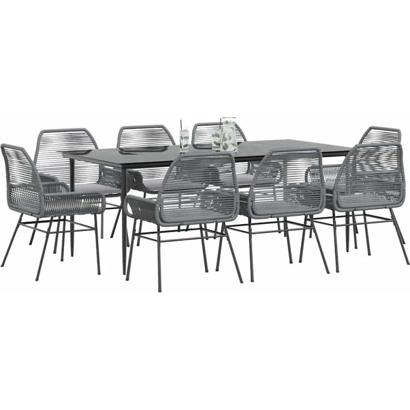 Haven 9-delers spisebordssæt i polyrattan med glas, 200x100x74 cm, brun