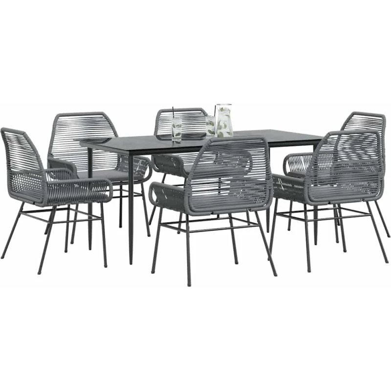 vidaXL 7-delers polyrattan spisebordssæt med glas, grå