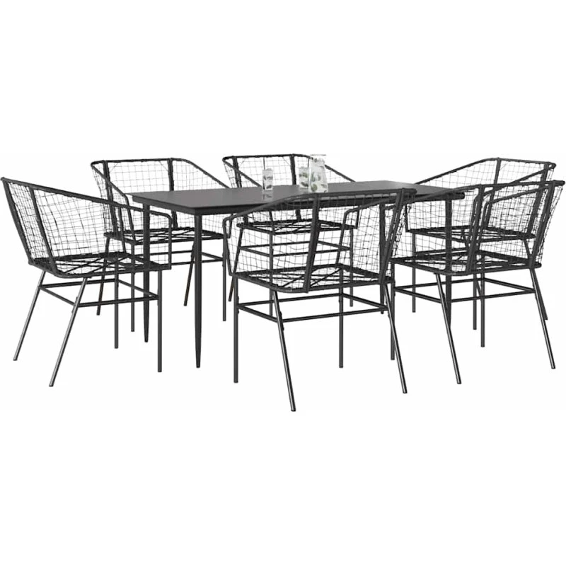vidaXL 7-delers polyrattan spisebordssæt med glas, sort