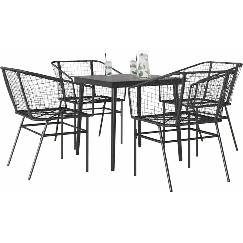 Haven M. 5-dele Spisebordssæt i Sort PolyRattan med Glas, 200x100x74 cm