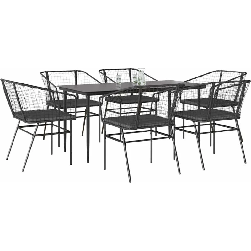 vidaXL 7-delers polyrattan spisebordssæt med glas, sort